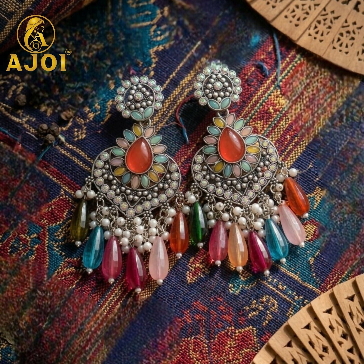 Oxidized Teardrop Earrings with Multicolor Beads & Pearl Tassel Drops
