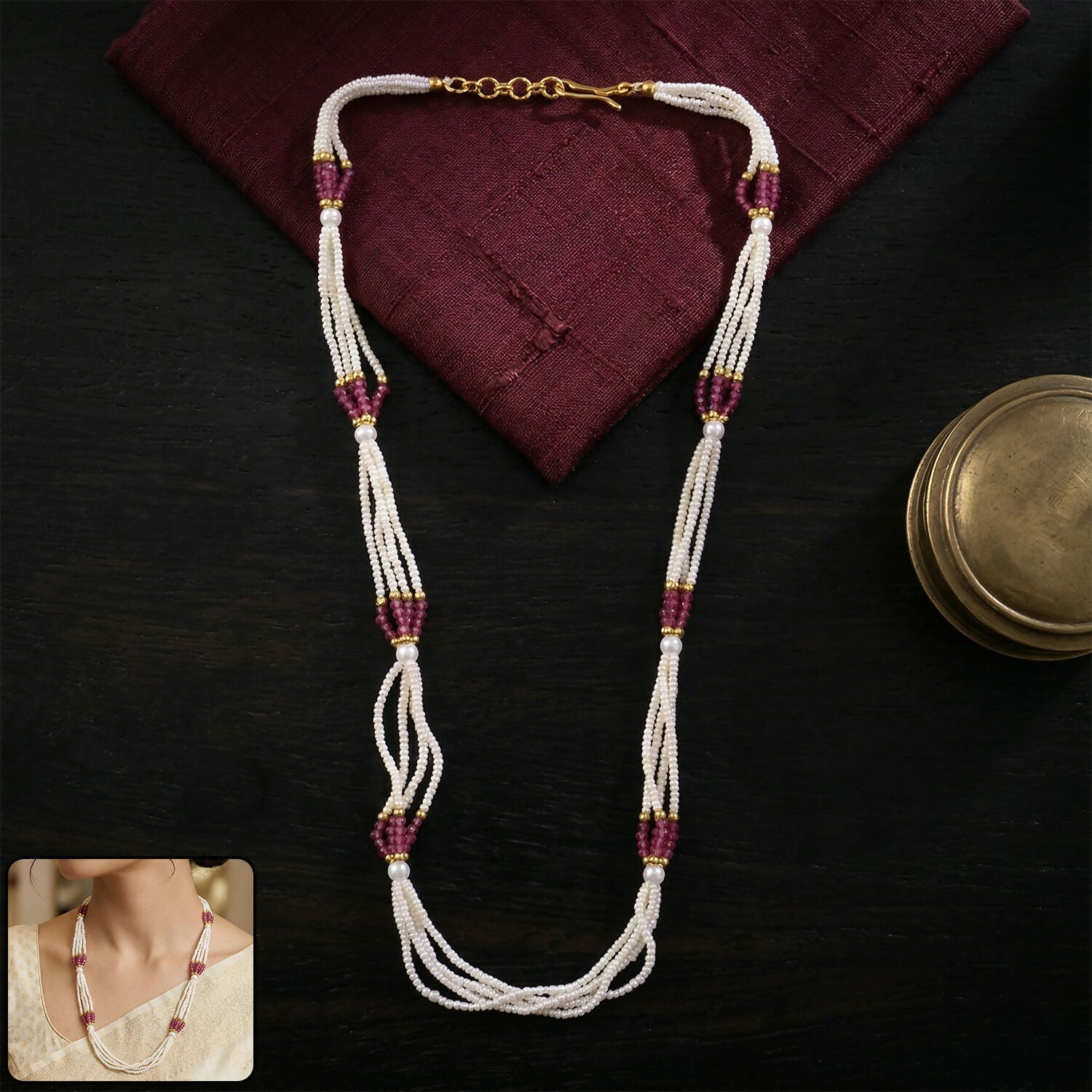 Elegant White Multi-Strand Beaded Mala Necklace with Pink Traditional Accents Handmade Design for Women