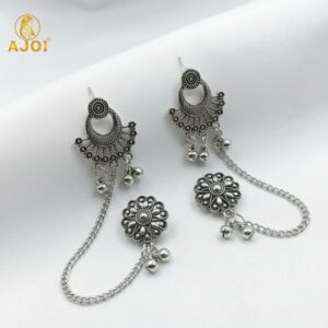 Oxidized Silver Ethnic Ear Cuff Chain Earrings with Studs | Traditional Boho Tribal Jewelry