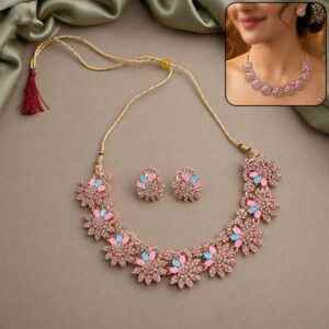 Hot Pink and Blue Stones Necklace & Earrings Set with Gold Plating