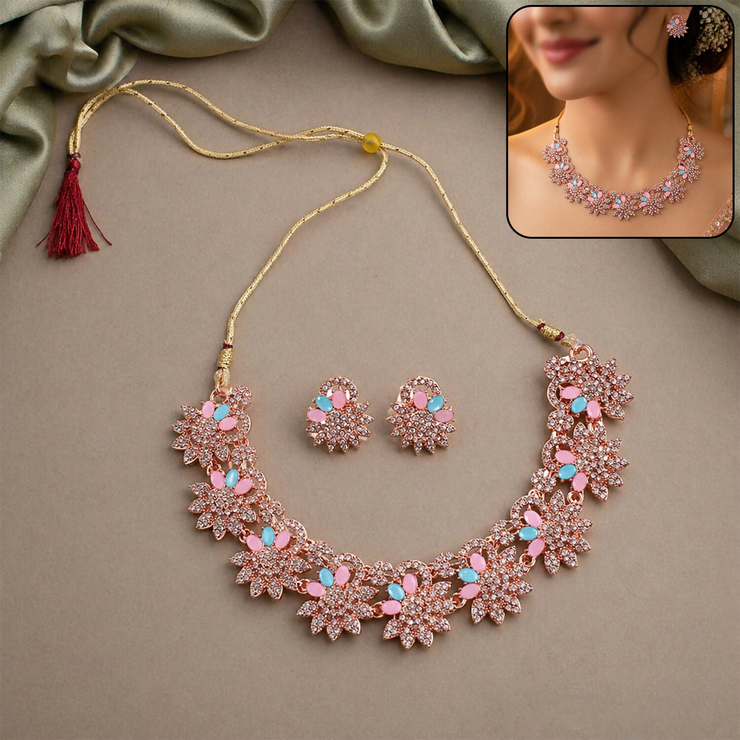 Hot Pink and Blue Stones Necklace & Earrings Set with Gold Plating