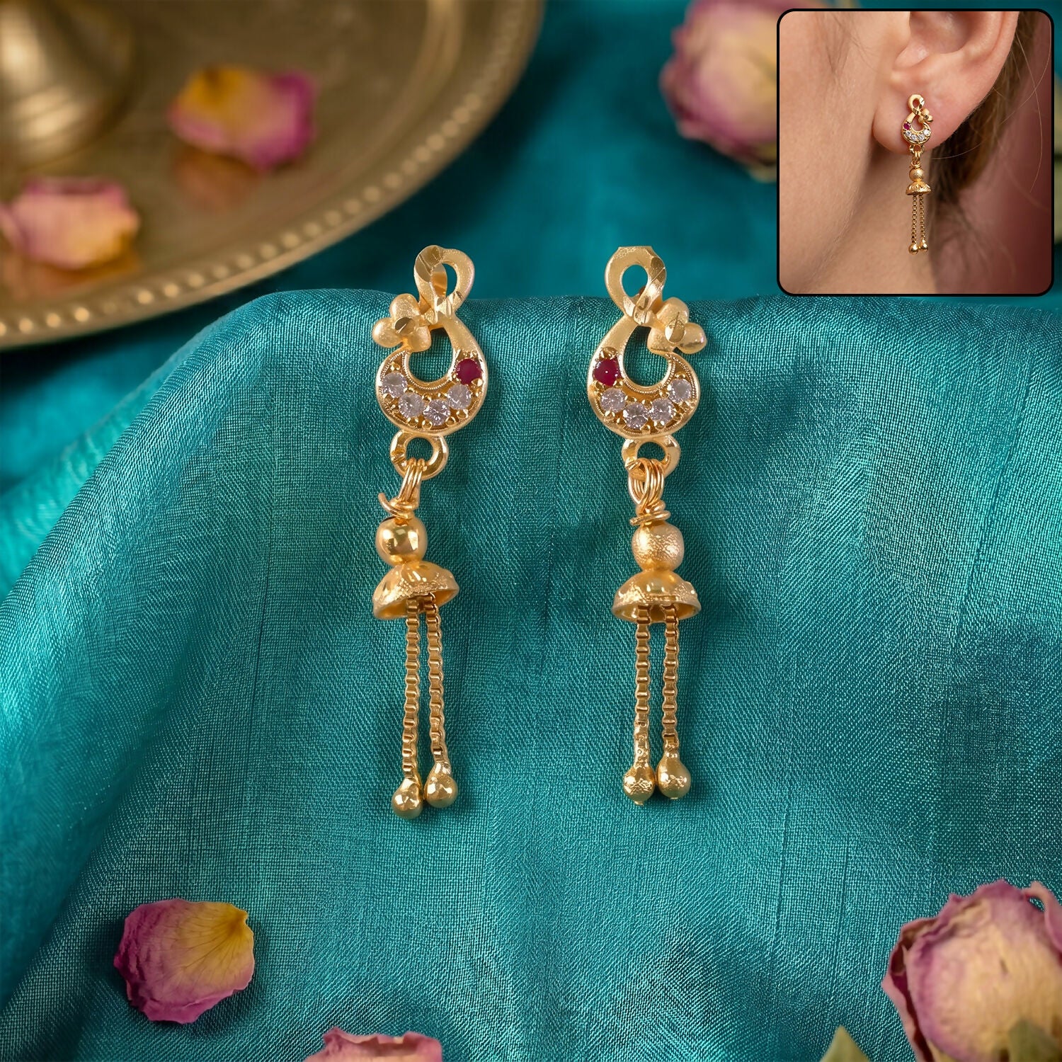Traditional Gold-Plated Stone Studded Hanging Chain Earrings for Women & Girls (1 Pair)