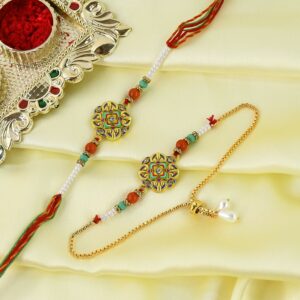 Vibrant Mandala Bhaiya Bhabhi Rakhi Set – Pearl Chain & Meenakari Charm
