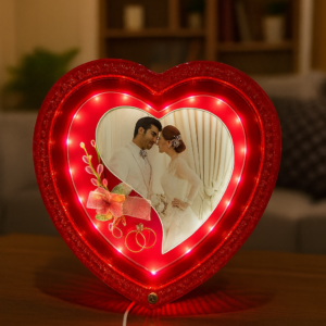 Heart-Shaped LED Wedding Photo Frame | Glowing Red Decorative Picture Frame with Floral Design & Rings | 4x6 Inch Couple Photo Frame | Romantic Gift for Anniversary, Valentine’s Day, Wedding & Home Décor