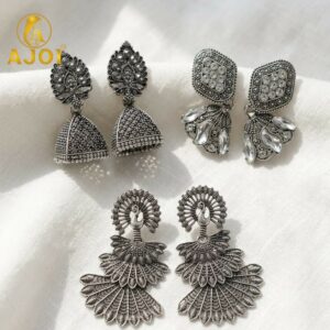 Oxidized Silver Earrings with Jhumka and Peacock Set of 3