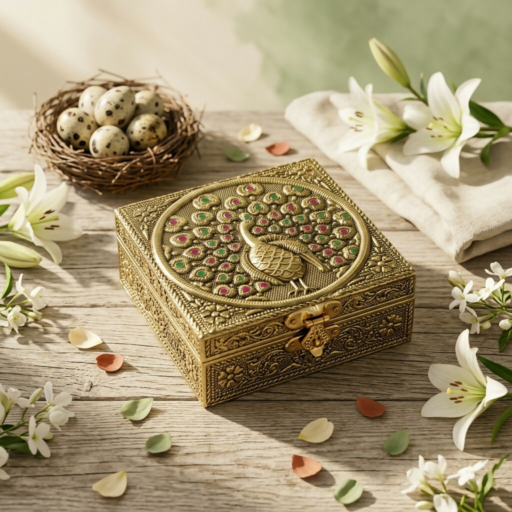Handcrafted Embossed Peacock Design Metal Jewelry Storage Box Decorative Organizer