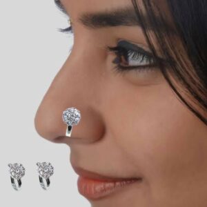 Silver-Plated AD Clip-On Nose Ring & Hoop Earrings Combo Pack of 2
