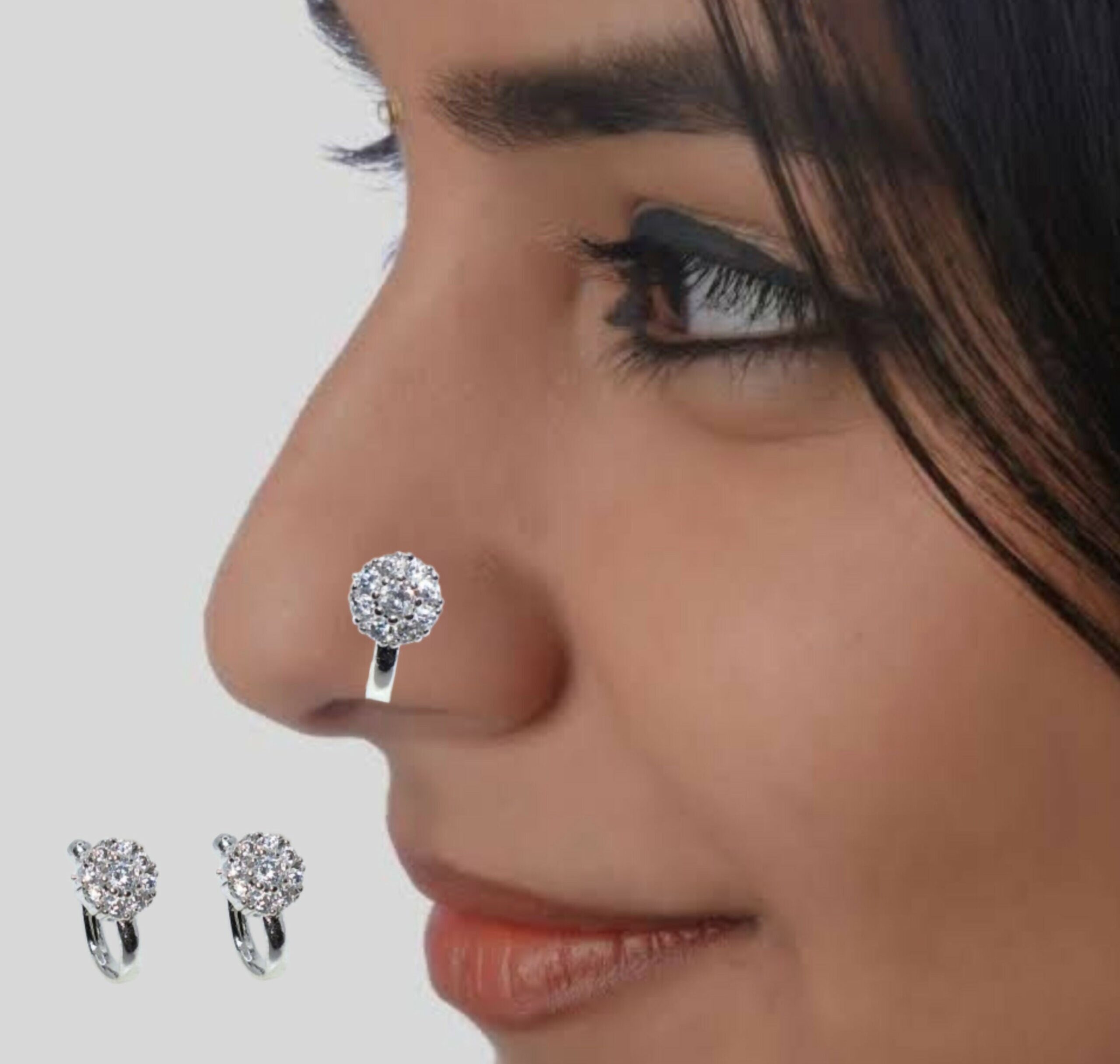Silver-Plated AD Clip-On Nose Ring & Hoop Earrings Combo Pack of 2