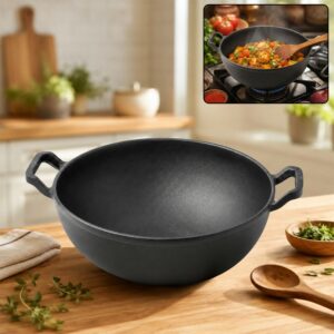 Pre-Seasoned Cast Iron Deep Kadai with Double Handles