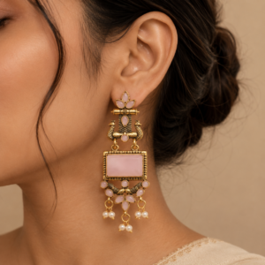 Vintage Oxidised Gold Plated Pink Stone Peacock Design Chandbali Earrings for Women pink colour