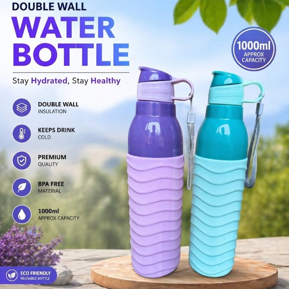 Double Wall Insulated Water Bottle with Grip Leak-Proof Thermos Flask for Gym Office & Travel (1000ml) (Any One Bottle)