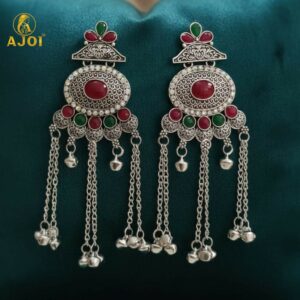 Kashmiri Style Oxidised Silver Long Earrings For Women And Girls