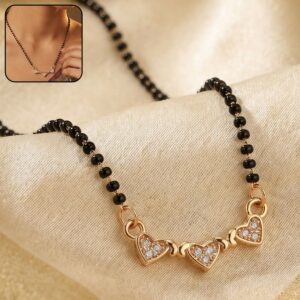 Triple Heart Design Mangalsutra Necklace with Crystal Stones
