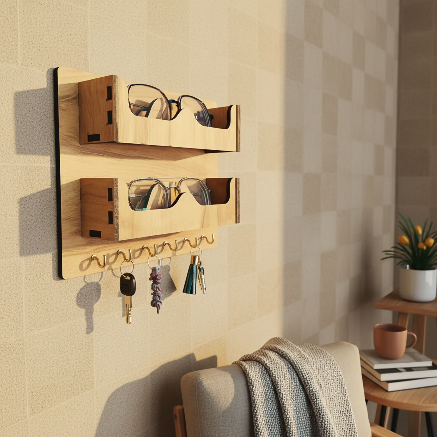 Double Layer Wooden Wall Mounted Organizer with Glasses Shelf and Key Hooks