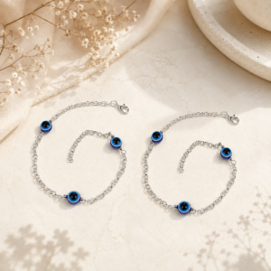 Stylish Evil Eye Anklet Pair for Women Silver-Plated Adjustable Chain Anklets