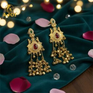 Kashmiri Heritage Gold-Plated Dangler Earring with Red Teardrop Stone, Pearl Detailing & Ghungroo Chains.
