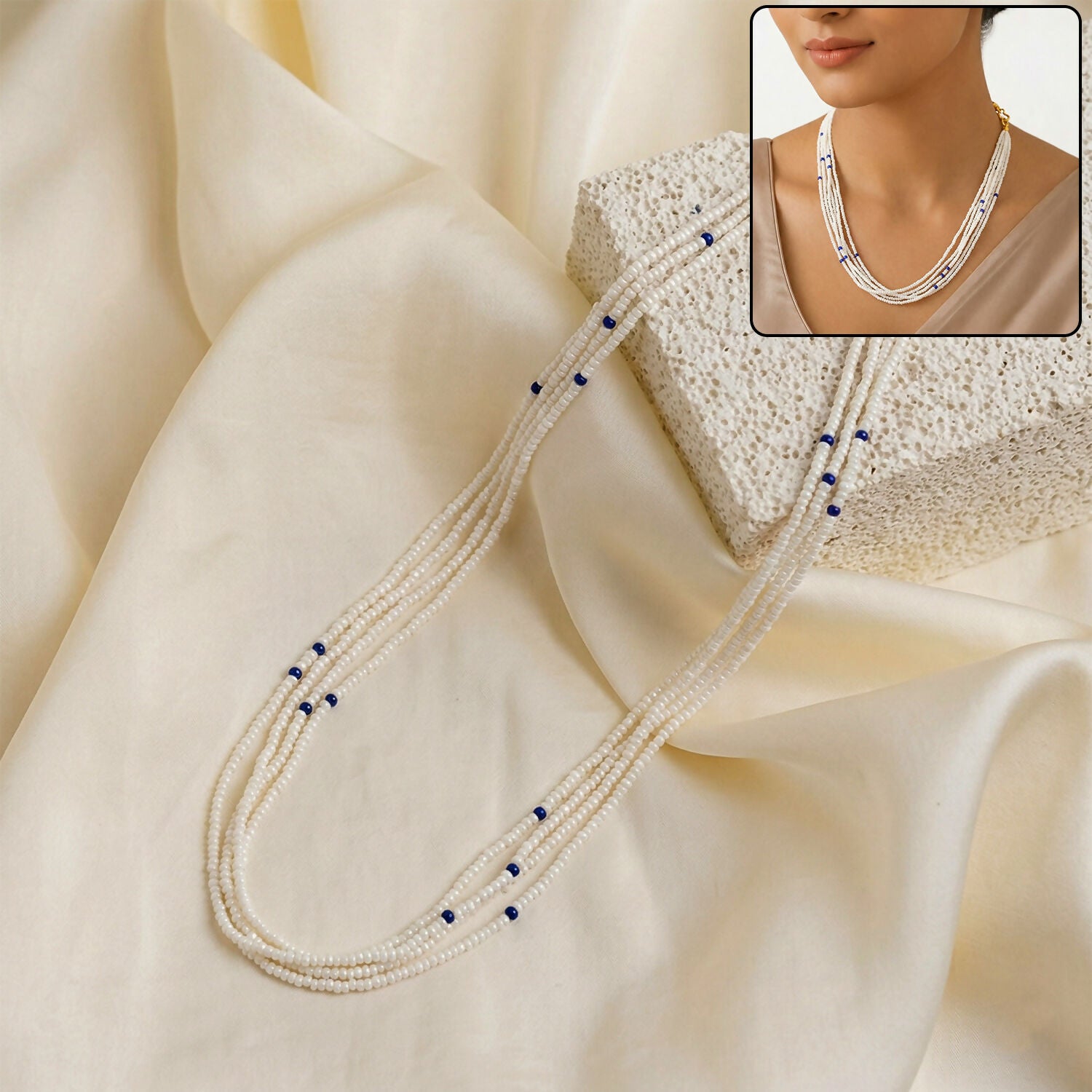 Elegant Multi-Layer Pearl Beaded Mala Necklace with Blue Accent Detailing