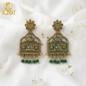 Antique Temple Doli Design Earrings with Green Bead Drops for Ethnic Festive Wear