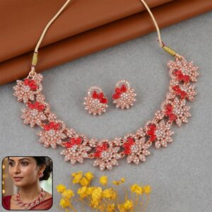 Classic Red Stone Floral Necklace Set with Matching Earrings for Women