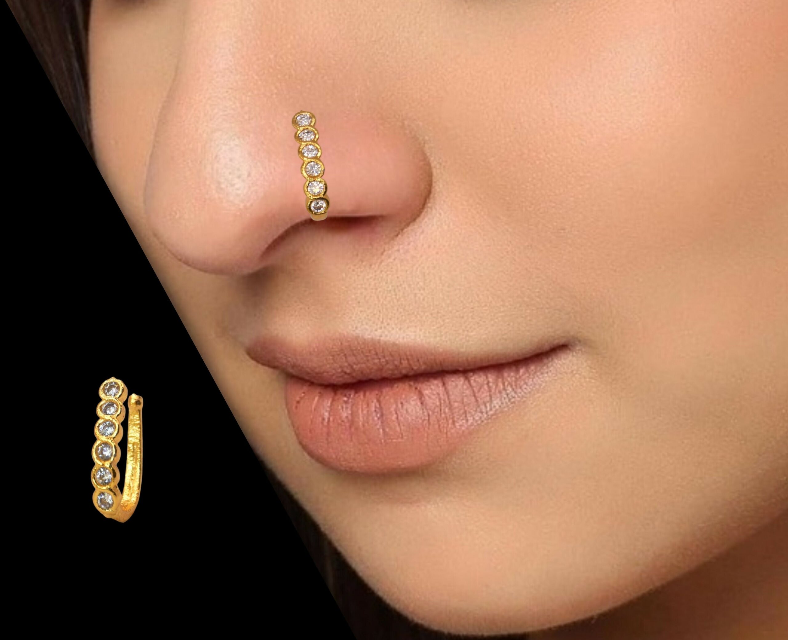 Gold Plated 6-Stone Line Clip-On Nose Pin | Non-Pierced AD Nath