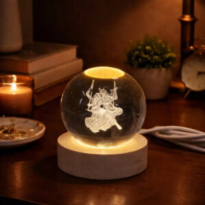 Premium 3D Radha Krishna Crystal Ball LED Night Lamp with Wooden Base
