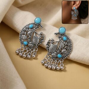 German Silver Chandbali Style Earrings with Sky Blue Stones & Ghungroo Hangings