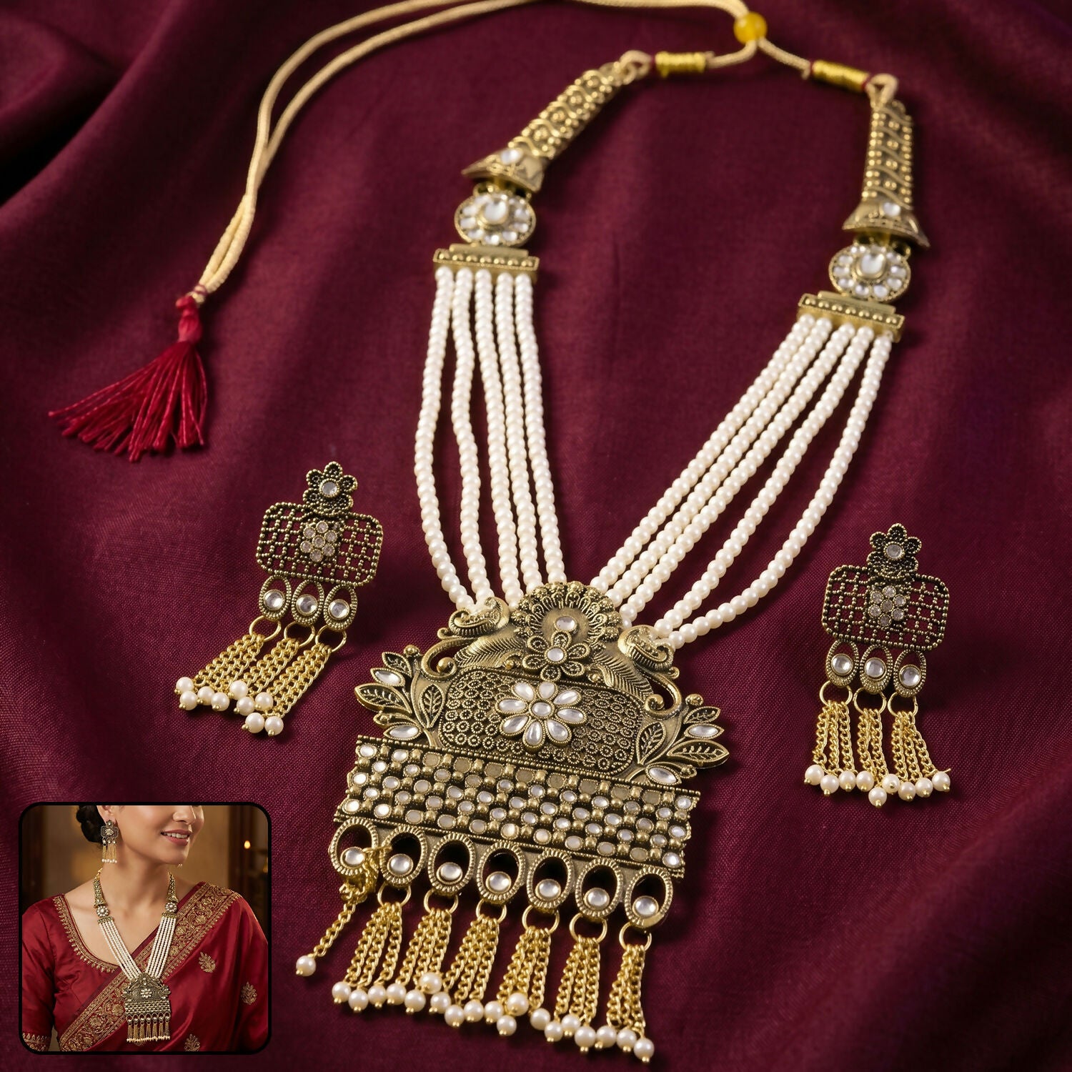 Traditional Pearl Necklace with Antique Gold Pendant Set