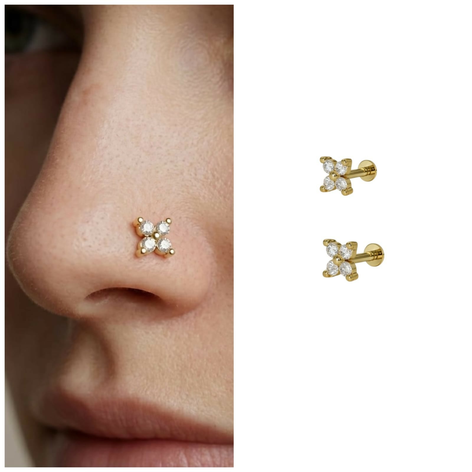 Gold plated AD Flower Flat Back Nosepin Stud Combo Pack of 2
