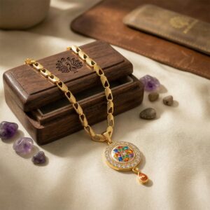 Designer Gold Pendant Necklace with Colorful Stone Mandala