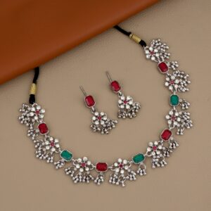 Oxidized Silver Green-Pink Rectangular Stone Choker