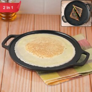 2 in 1 Pre-Seasoned Cast Iron Double Side Tawa Pan for Dosa, Grill, Sandwich & BBQ Cooking
