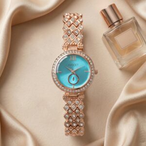 Blue Dial Rose Gold Diamond Embedded Women’s Premium Analog Bracelet Watch with Crystal Luxury Strap