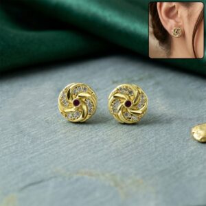 Designer Spiral Pattern Gold Stud Earrings with Red Stone