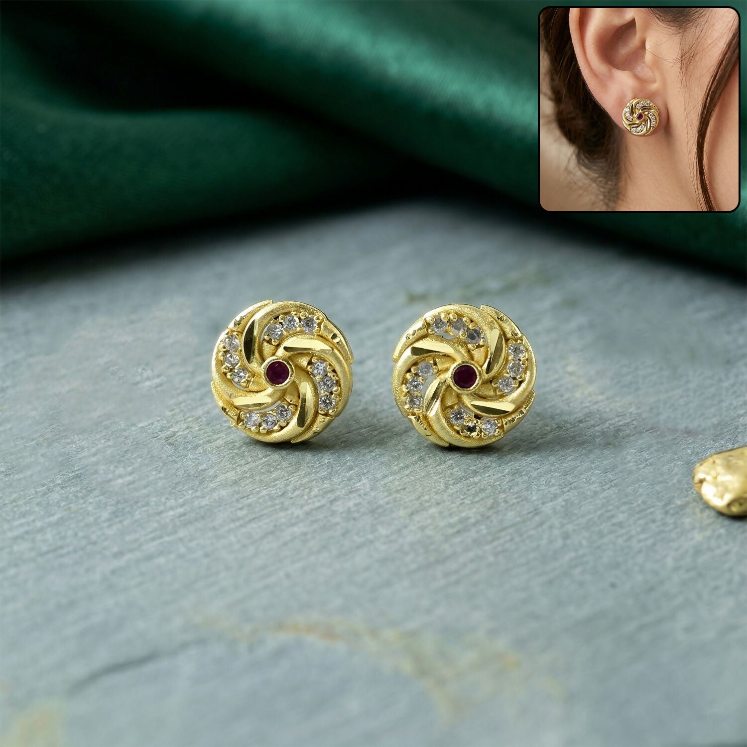 Designer Spiral Pattern Gold Stud Earrings with Red Stone