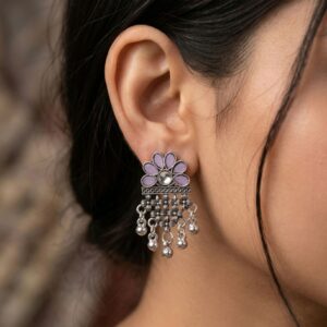 Oxidized Silver Flower Jhumka Earrings with Lavender Stone Accents and Ghungroo Drops