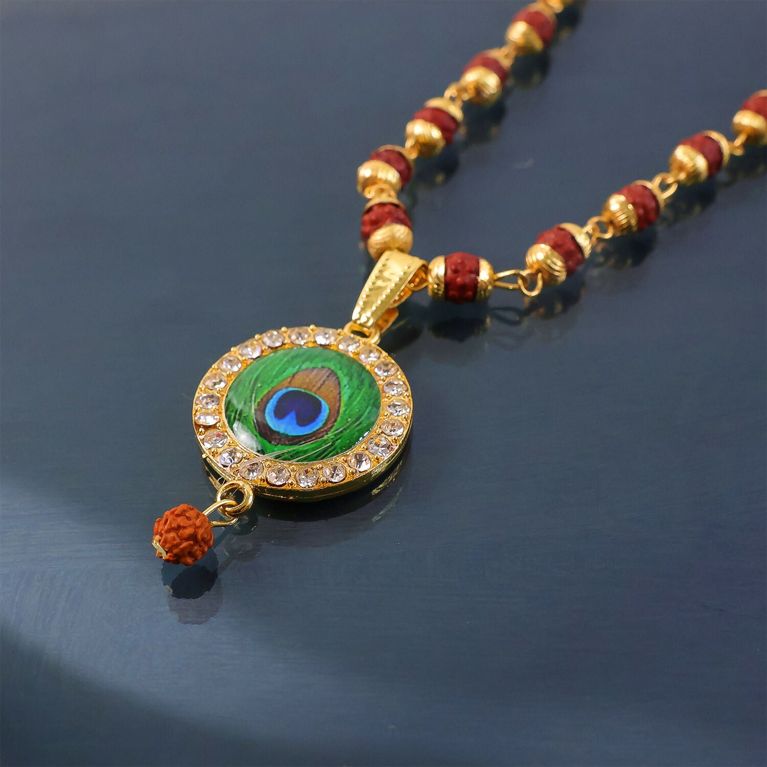 Morpich Feather Gold Plated Pendant & Rudraksha Mala