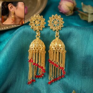 Vintage Gold-Plated Jhumka Earrings with Pearl Accents for Traditional Celebrations