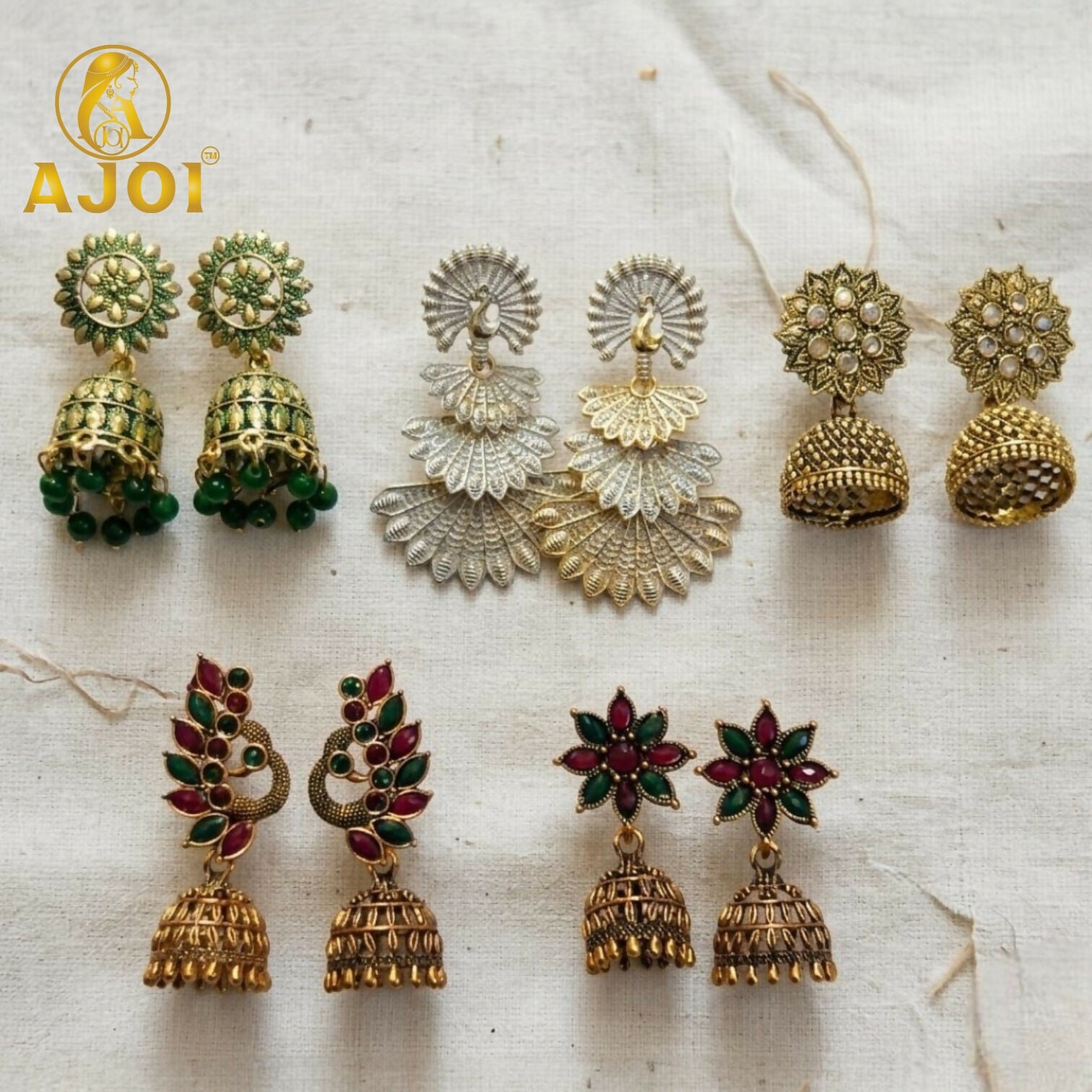 Ethnic Earrings Gold Plated Jhumka & Peacock Set of 5