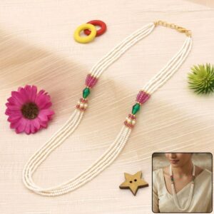 Elegant Multi-Layer Pearl Beaded Necklace with Pink & Green Accent Detailing