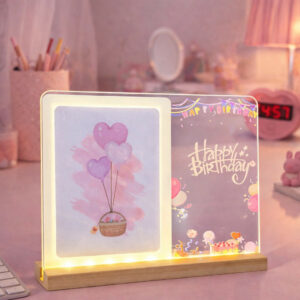 Happy Birthday LED Acrylic Message Lamp with Wooden Base | Decorative Table Light