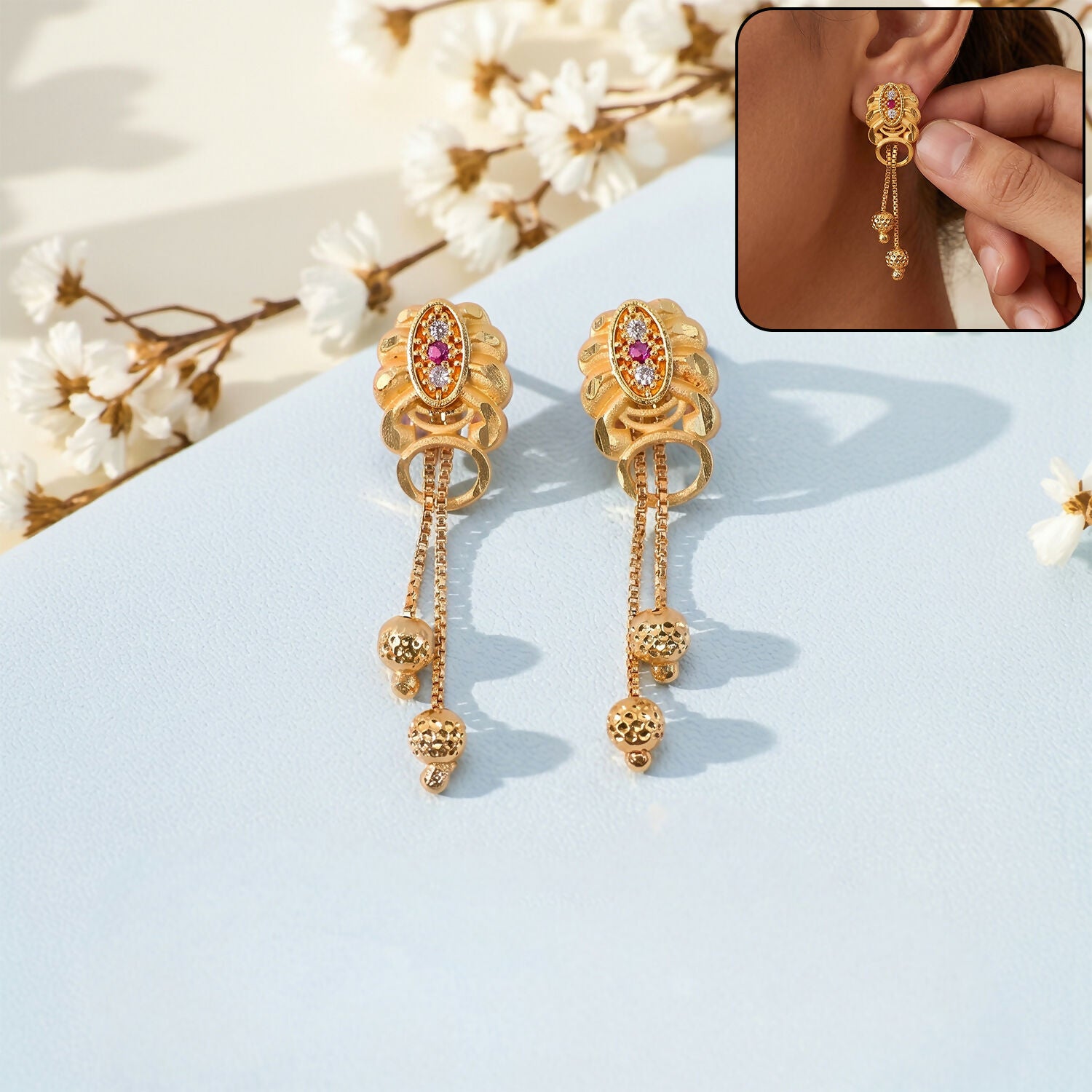 Designer Gold Finish Long Dangler Earrings with Pearl Drop Chains for Women (1 Pair)