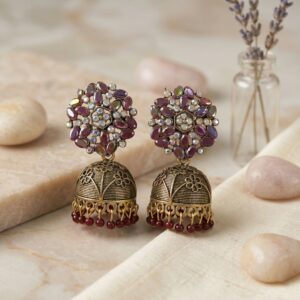 Antique Golden Jhumka Earrings with Maroon Stone Floral Top
