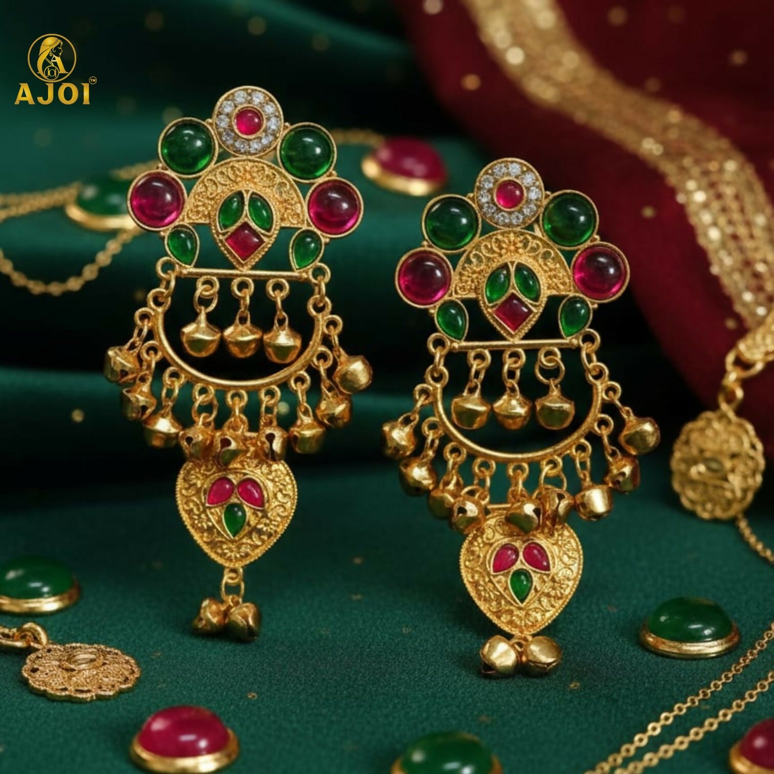Kasmiri Gold-Plated Chandbali Earrings with Green & Pink Stones