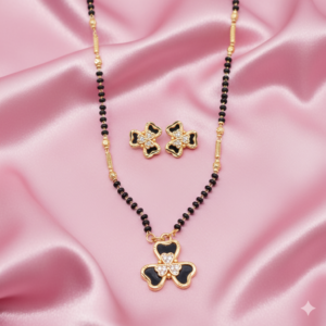 Gold-Plated AD Floral Mangalsutra Set with Clover Stud Earrings for women