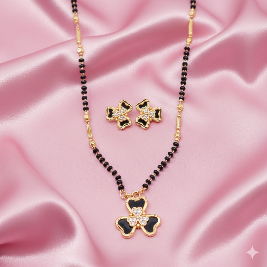 Gold-Plated AD Floral Mangalsutra Set with Clover Stud Earrings for women