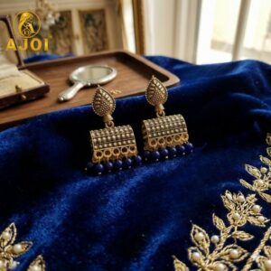 Antique Gold-Plated Leaf Design Jhumka Earrings with Blue Beads