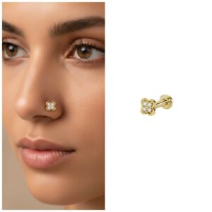 Gold plated Clover Flat-Back AD Nosepin Stud Piercing for women and girls
