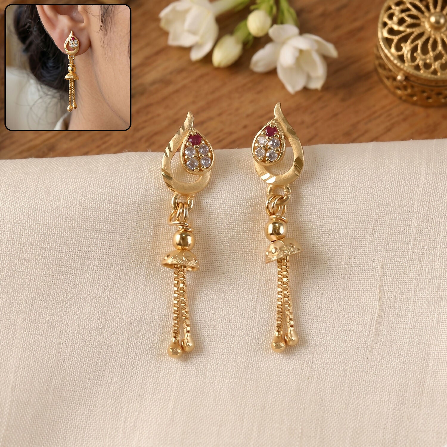 Traditional Gold-Plated Stone Studded Hanging Chain Earrings for Women & Girls (1 Pair)