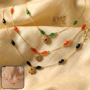 Multicolor Bead Gold Necklace with Elegant Floral Pendant (3Pc/Set)