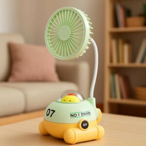 Cute Green Cartoon Desk Fan with LED Night Light & Pencil Sharpener for Kids